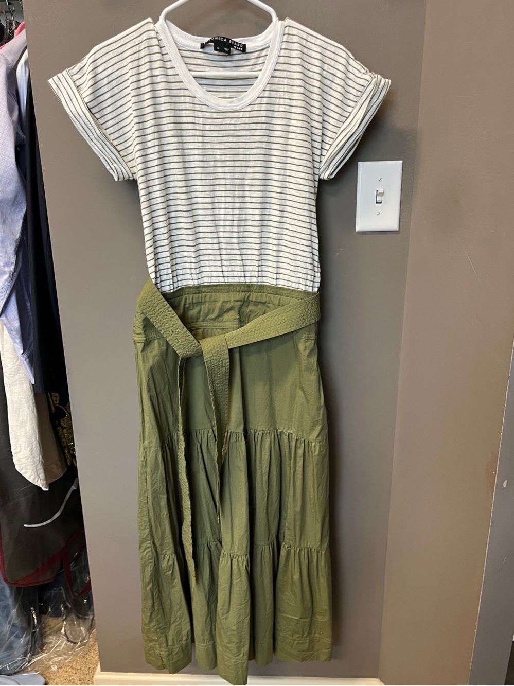 Veronica Beard White and Olive Striped Tee Dress